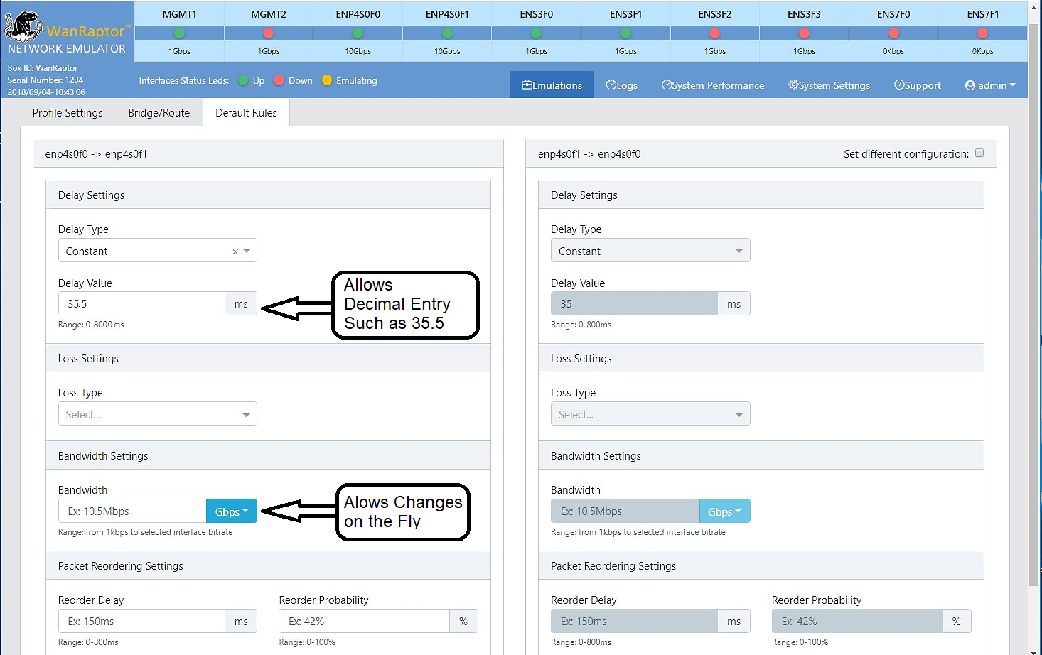 Network Emulator Profile Screen